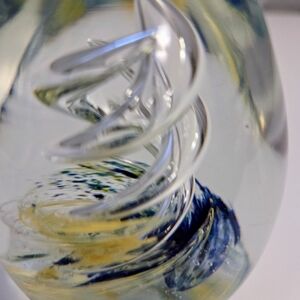 Vintage Abstract Art‎ Glass Egg Shape Paper Weight with Blue and Yellow Accents